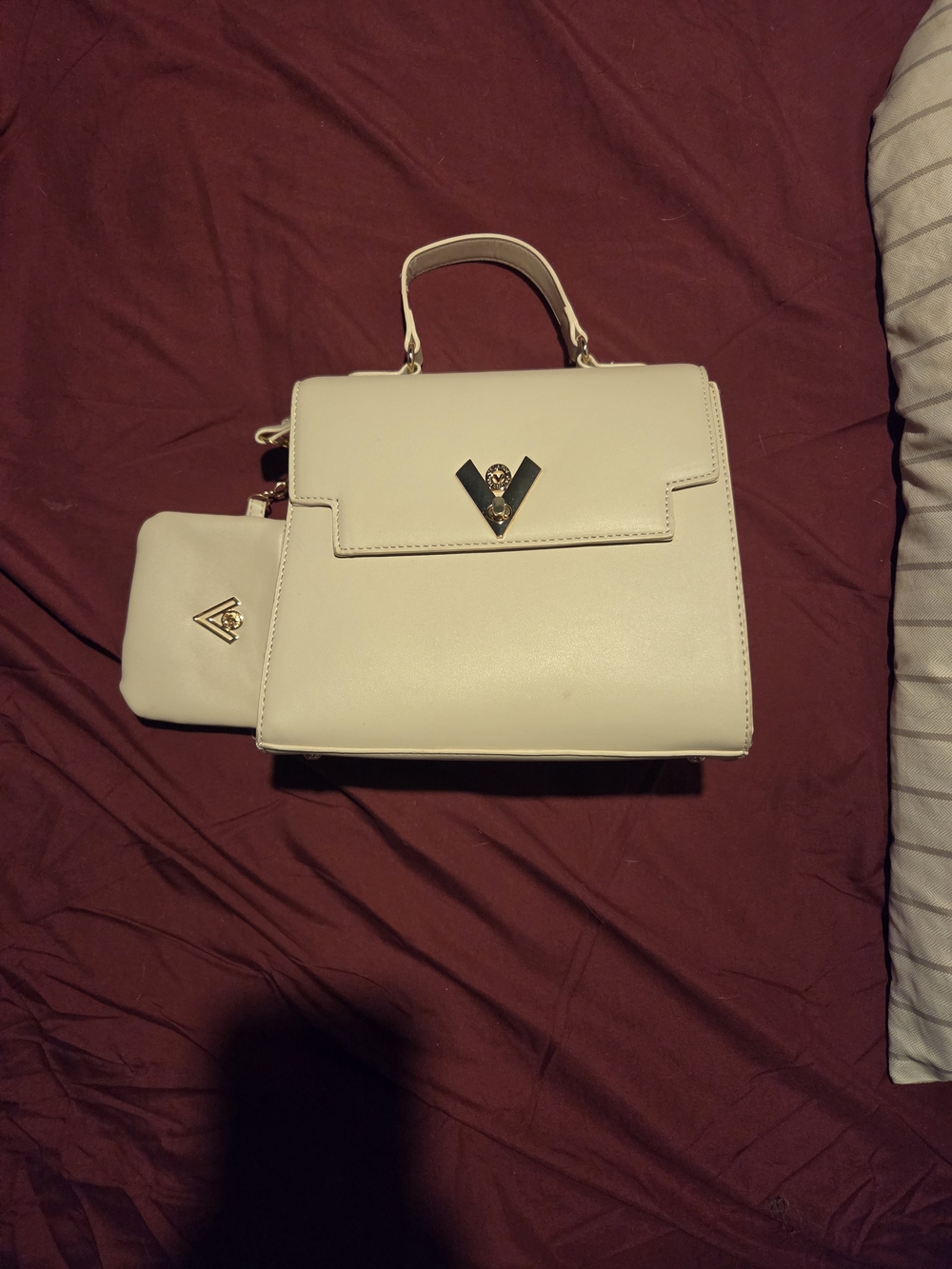 Cream Structured Top-Handle Bag with Matching Pouch